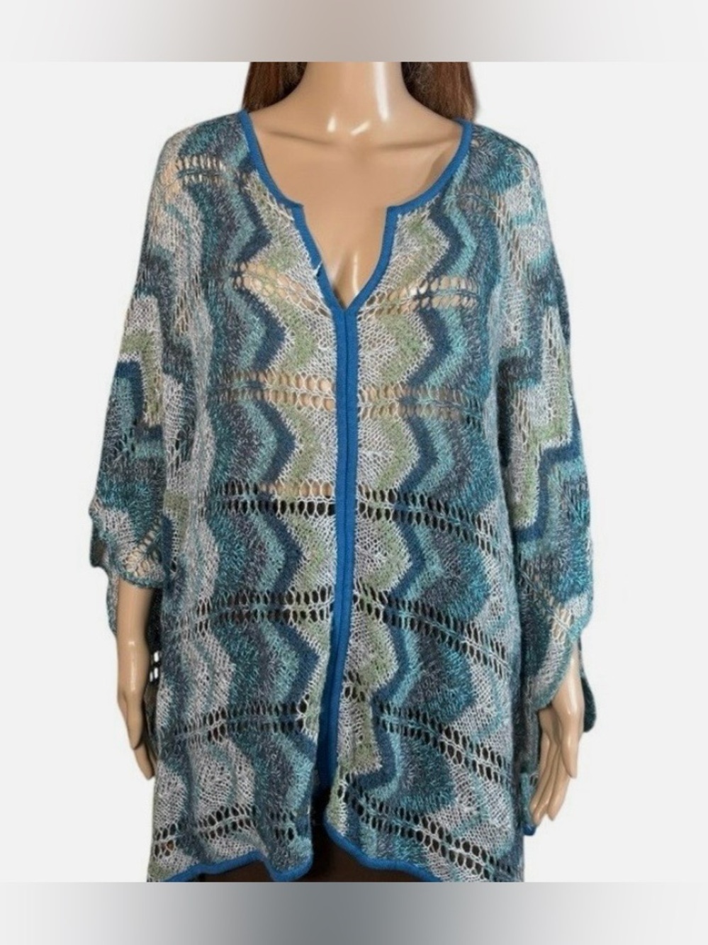 Sigrid Olsen Studio Open Knit Mesh Top in Teal, Blue & Cream